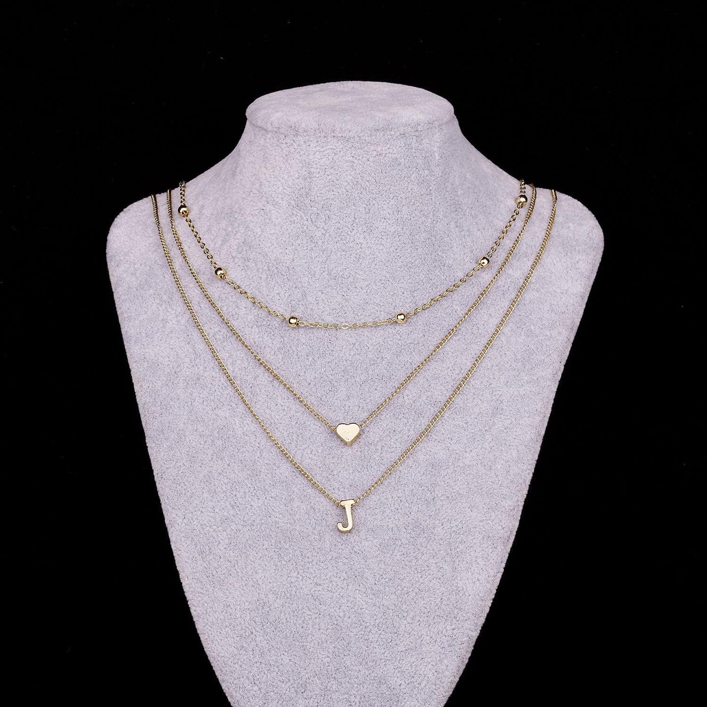 Dainty Gold Layered Initial Necklaces for Women, Simple Cute Heart Bead Letter Pendant Choker Necklace