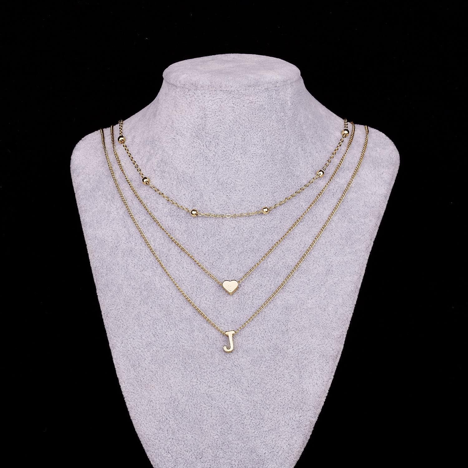 Dainty Gold Layered Initial Necklaces for Women, Simple Cute Heart Bead Letter Pendant Choker Necklace