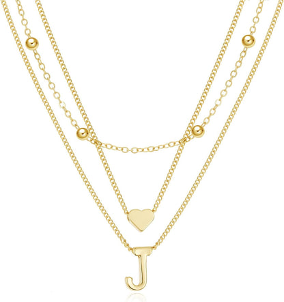 Dainty Gold Layered Initial Necklaces for Women, Simple Cute Heart Bead Letter Pendant Choker Necklace