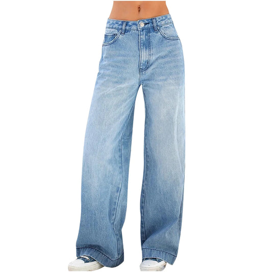 Women'S Fashion Jeans High Waisted Wide Leg Jeans Summer Casual Straight Baggy Jeans Color Block Patch Denim Trousers Dark Blue,L