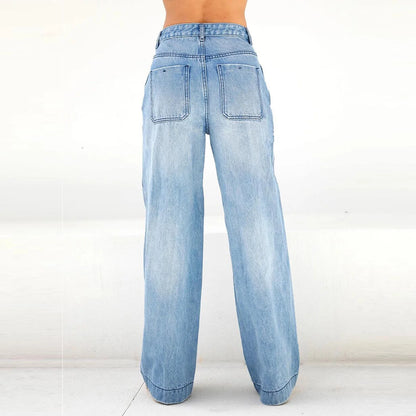 Women'S Fashion Jeans High Waisted Wide Leg Jeans Summer Casual Straight Baggy Jeans Color Block Patch Denim Trousers Dark Blue,L