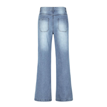 Women'S Fashion Jeans High Waisted Wide Leg Jeans Summer Casual Straight Baggy Jeans Color Block Patch Denim Trousers Dark Blue,L